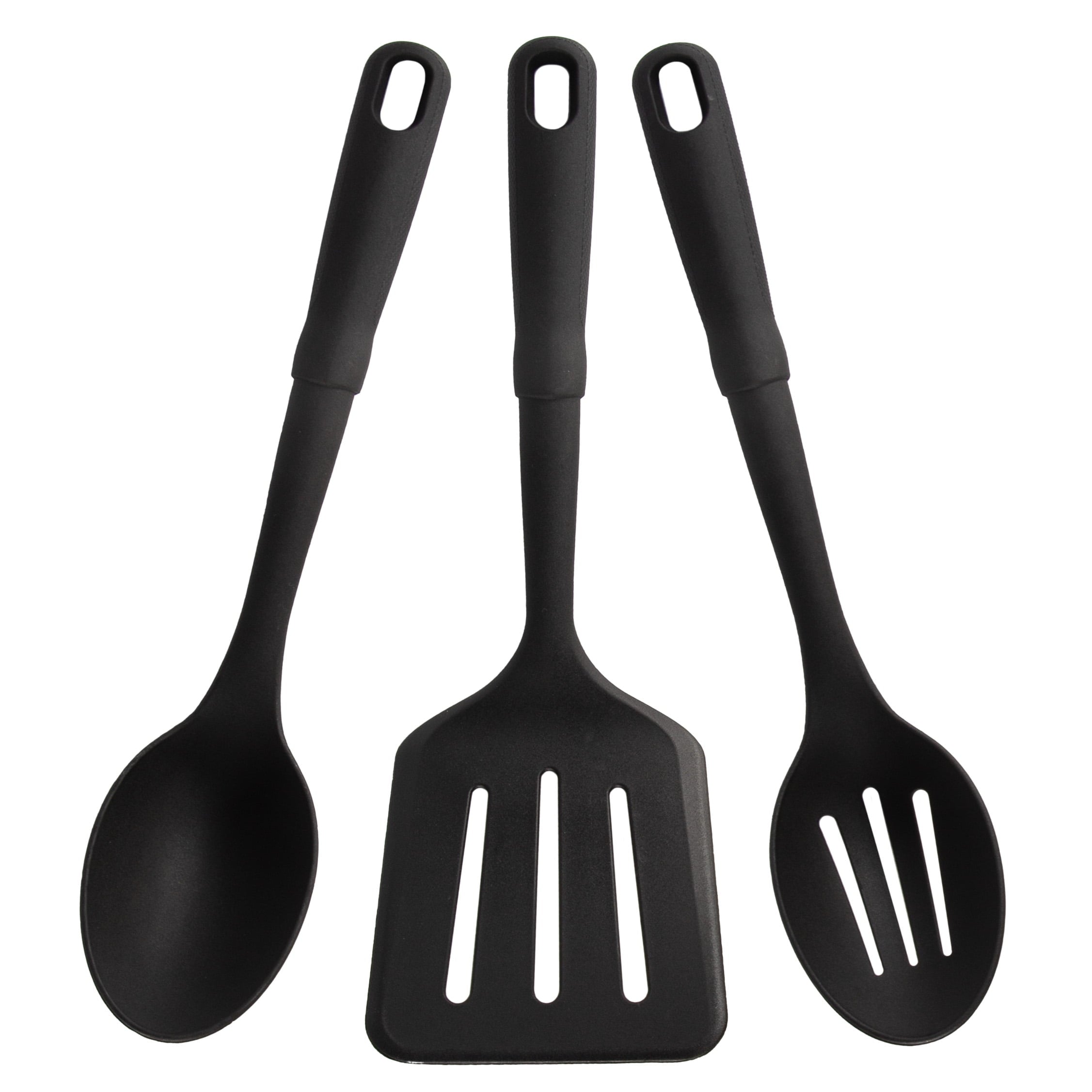 (4 pack) Mainstays 3-Piece Kitchen Utensil Set, Slotted Spatula, Slotted Spoon and Solid Spoon, Black, Nylon - Image 2