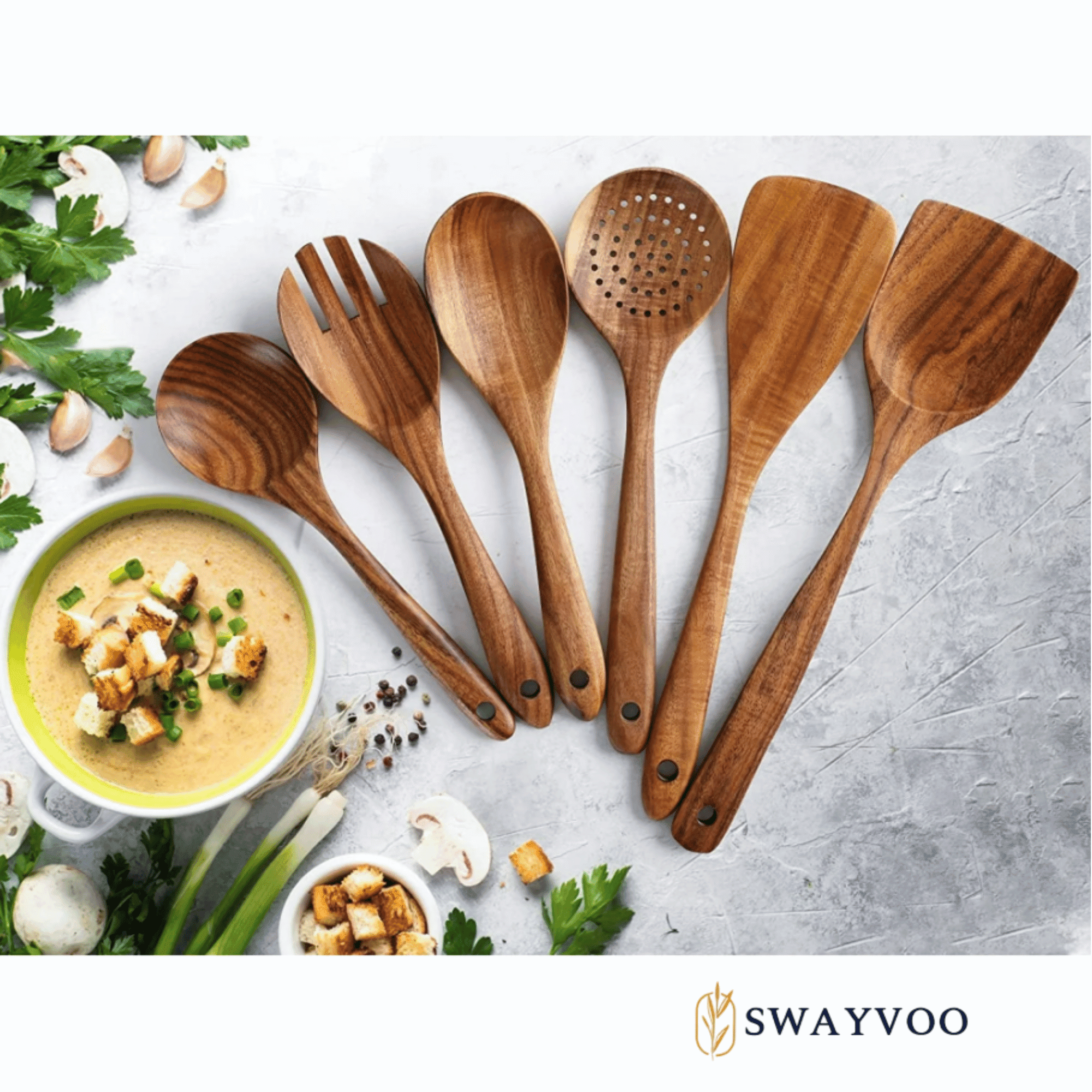 Wooden Spoons for Cooking, 6-Piece 100% Natural Teak Wooden Utensils for Cooking — Heat Resistant, Non-Stick Safe, Wo... - Image 5