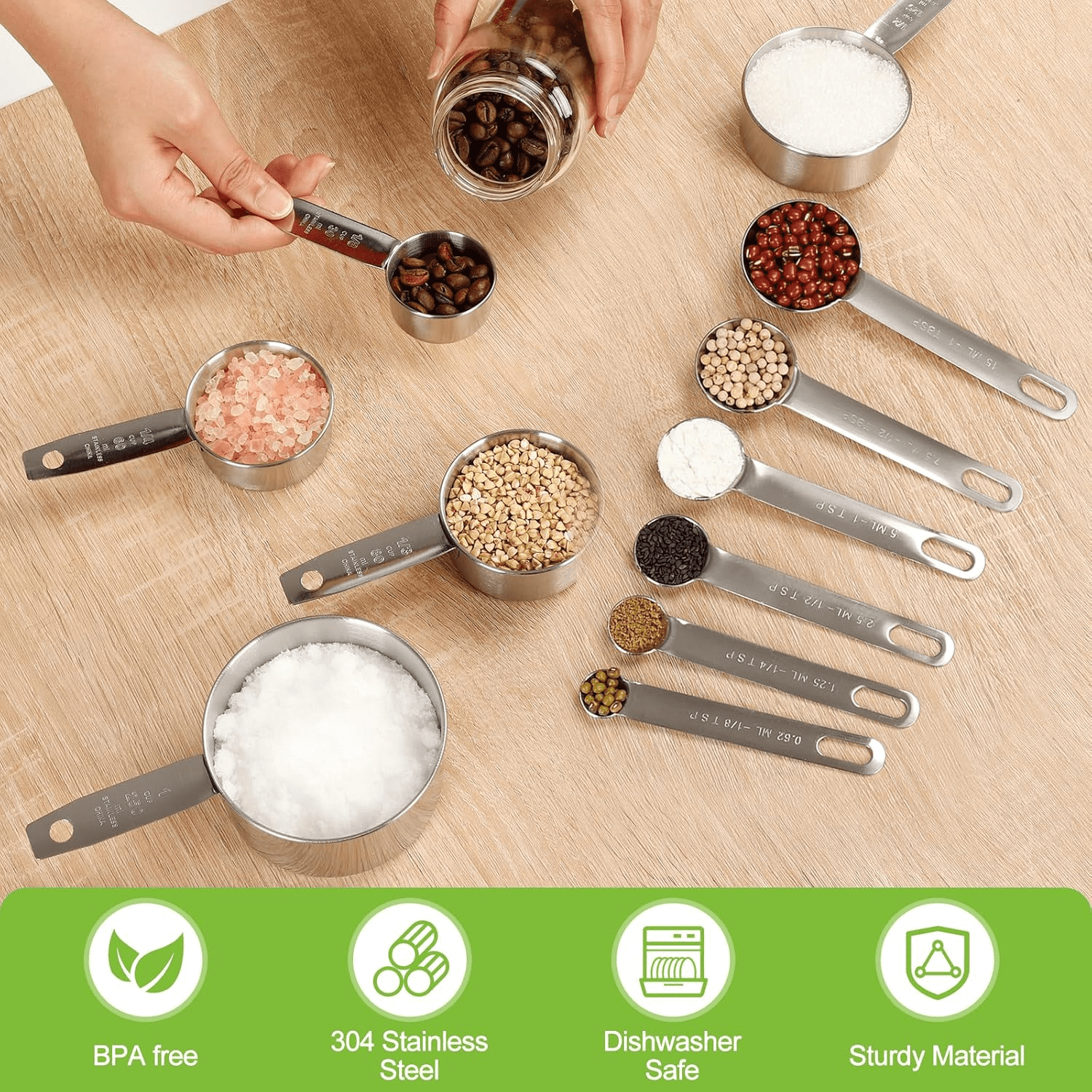 and Spoons Set of 16, 5 Stainless Steel Nesting & 5 Spoons, 1 + Leveler & 5 Mini Spoons for Cooking & Baking - Image 5