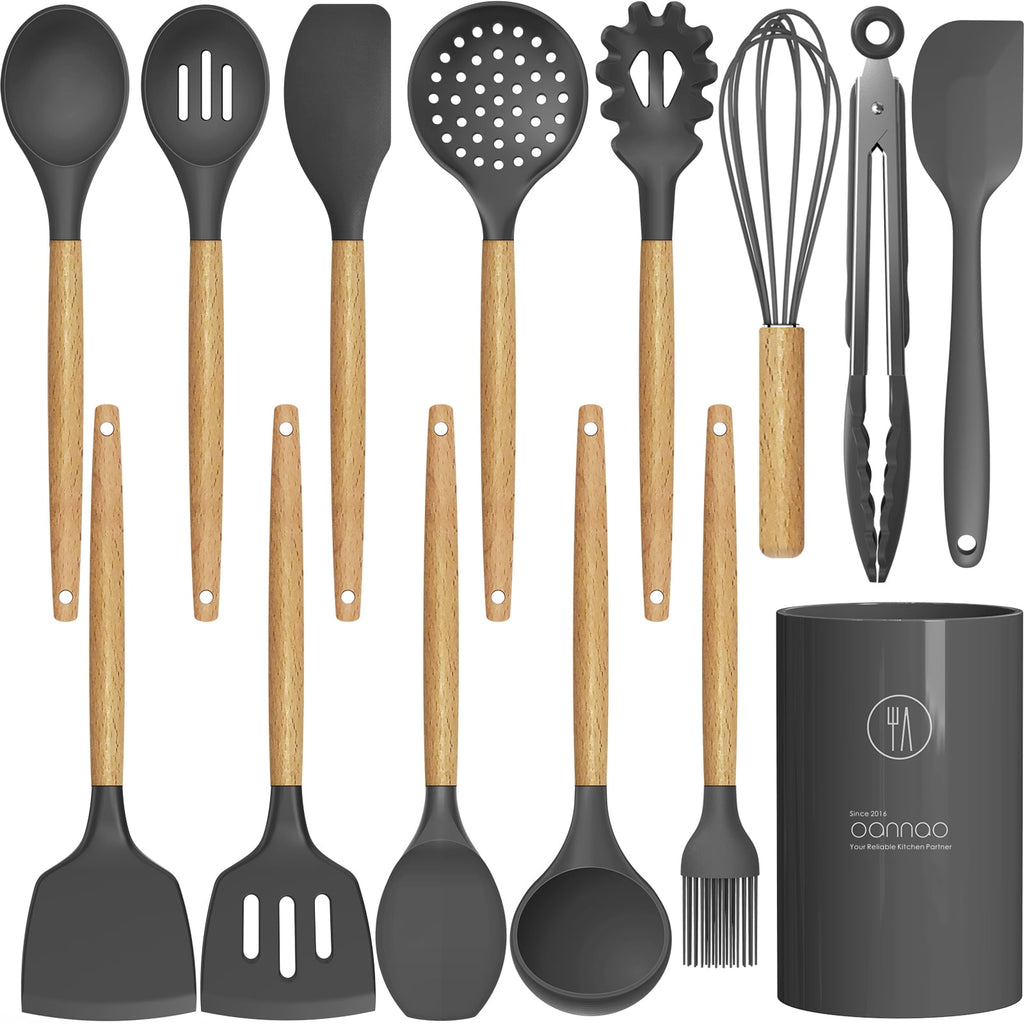 oannao Silicone Cooking Utensils Set - 446°F Heat Resistant Silicone Kitchen Utensils for Cooking,Kitchen Utensil Spatula Set w Wooden Handl