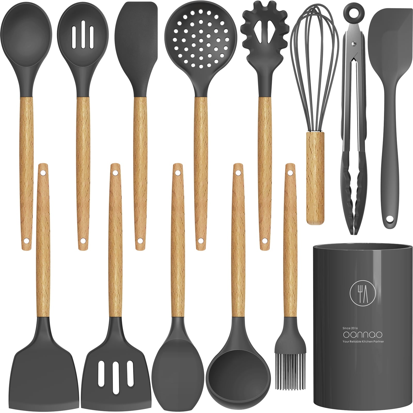 oannao Silicone Cooking Utensils Set - 446°F Heat Resistant Silicone Kitchen Utensils for Cooking,Kitchen Utensil Spatula Set w Wooden Handl