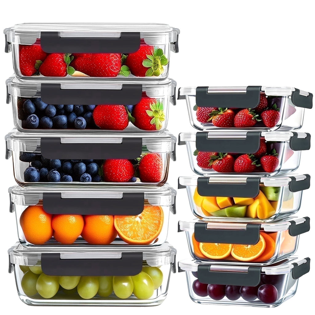 20 Pack Glass Food Storage Containers with lids（ 5 x1040 ml, 5 x370 ml）, Free，Reusable for Kitchen Organization (10Pc...