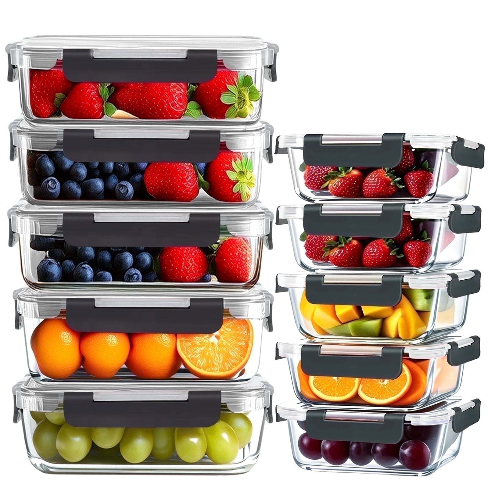 20 Pack Glass Food Storage Containers with lids（ 5 x1040 ml, 5 x370 ml）, Free，Reusable for Kitchen Organization (10Pc...