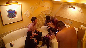 Asian cosplay babe plays with four dudes