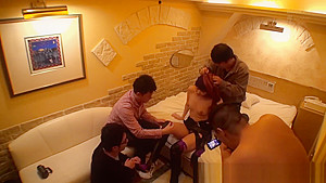 Asian cosplay babe plays with four dudes
