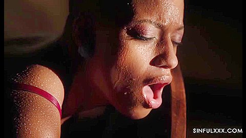Bald Ebony Babe Enjoys Big White Cock