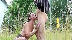 Bald servant with busty maid enjoys hot fuck outdoor in bushes
