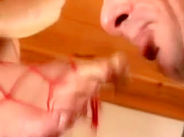 Big Breasted Babe In Red Fishnets Gets Her Feet And Her Pussy Licked