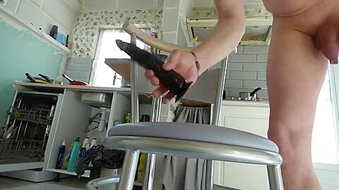 Black Anal Dildo Fucking Ass Pov Cam In The Kitchen Oven With Masturb Cum