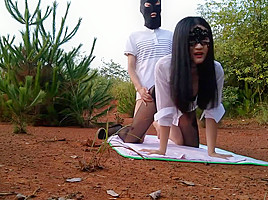 Black stocking sexy chinese lady having exciting outdoor sex
