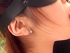 Blindfolded Asian babe sucks dick outside and inside to get a creamy reward