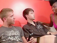 Blond jock sucked off before banging ebony threesome
