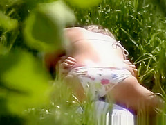 Blonde riding her man's penis in country