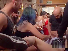 Brunette slave gets facials in public