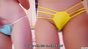 Busty Japanese amateurs in micro bikinis tag team blowjob