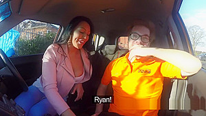 Busty Tanned Babe Fucks In Driving School Car