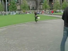 Busty tied blonde fucked in public