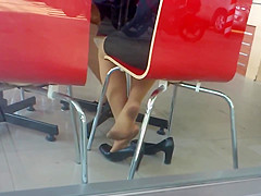 Candid Asian Nylon Shoeplay Feet Legs in Cafe
