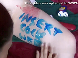 Collared hairy amateur gets body painted by aggressive girlf