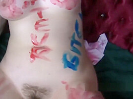 Collared hairy amateur gets body painted by aggressive girlf