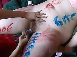 Collared hairy amateur gets body painted by aggressive girlf