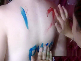 Collared hairy amateur gets body painted by aggressive girlf
