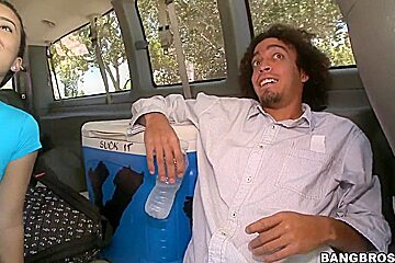 Cute brunette Nina Lee gets in the back of the van