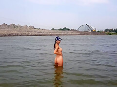 Girl Bathes Naked In The River And Masturbates On The Shore