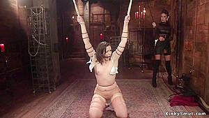 Gorgeous Busty Dom Whips Tied Lesbian