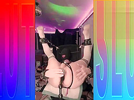 Hooded Sissy Bondage Slut Fuckes Her Pussy With Two Toys