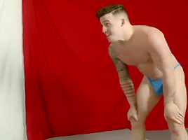 Hot battle! Two handsome guys in two hot posing trunks! Young bodybuilders!