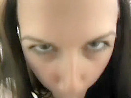 Hot brunette amateur with sexy tits sucks a cock and gets fucked in POV