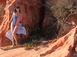 Hot brunette with small tits, Sophia Jade is often posing and doing sexy stuff in the nature