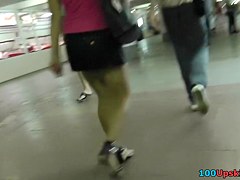 Hot college gal pink panty upskirting