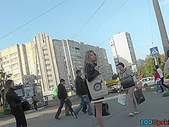 Hot upskirt porn with auburn-haired gal in public