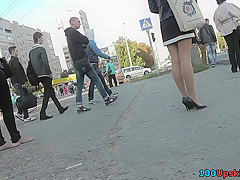 Hot upskirt porn with auburn-haired gal in public