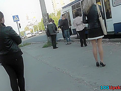 Hot upskirt porn with auburn-haired gal in public