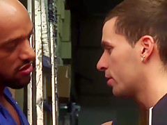 Interracial hunk pounded in storage room trio