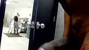 Jerkin off to two women doing laundry one watches cum