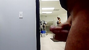 Jerkin off to two women doing laundry one watches cum