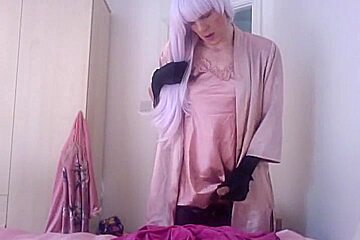 Jess Silk Riding Dildo In Pink Satin Nightie And Robe With Long Purple Wig