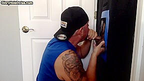 Mature DILF gobbling and jerking off gloryhole cock