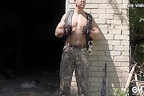 Military Muscle Stud Jerks Off Outside