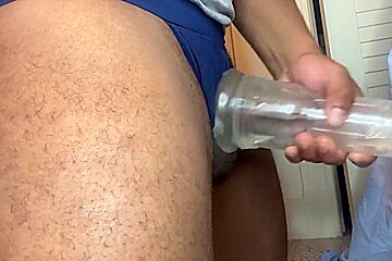 Milking Black Cock In Jock And Cock Ring To A Big Cumshot With A Fleshlight