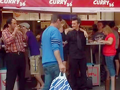 Naked blonde in line at fast food shop