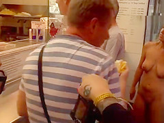 Naked blonde in line at fast food shop