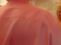 Naked blonde in line at fast food shop
