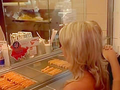 Naked blonde in line at fast food shop
