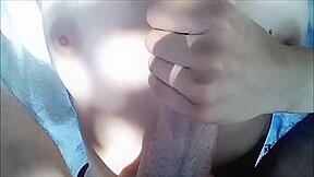 Outdoor quick risky handjob, cum on tits