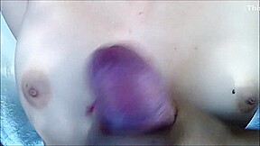 Outdoor quick risky handjob, cum on tits